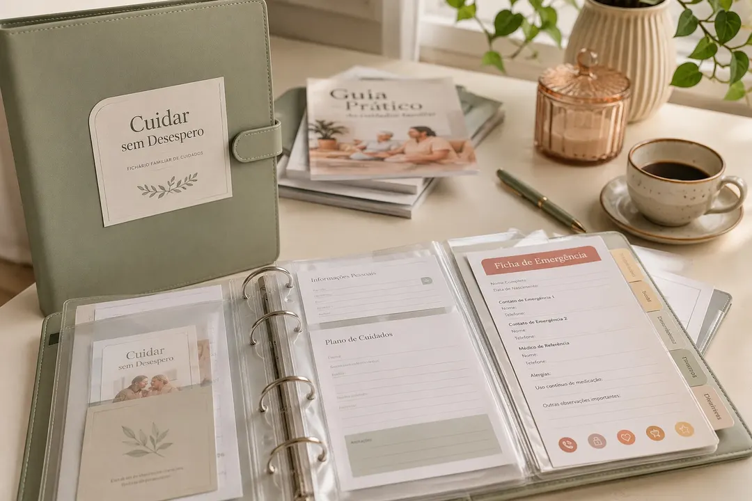 Kit Cuidar sem Desespero montado em fichário premium com páginas preenchíveis e ficha de emergência