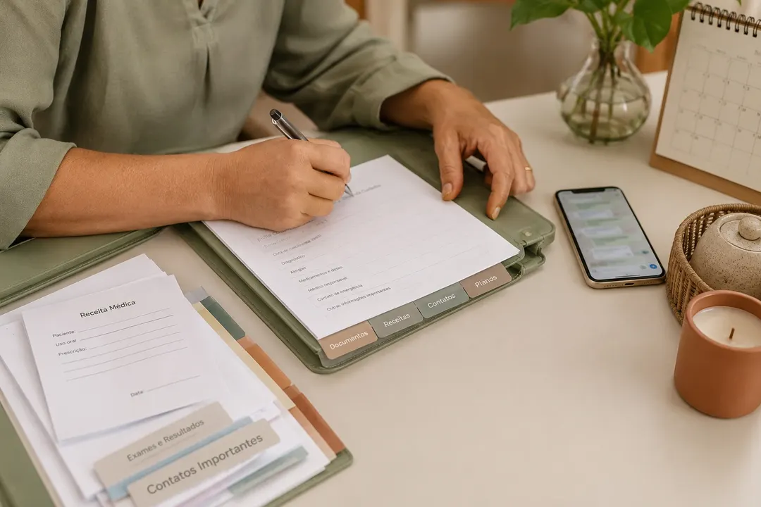 Pessoa preenchendo fichas de cuidado em um fichário, com celular e calendário ao lado